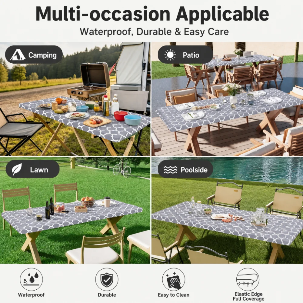 Folding Picnic Table - Rectangle Table Cloth Cover, Polyester Elastic
